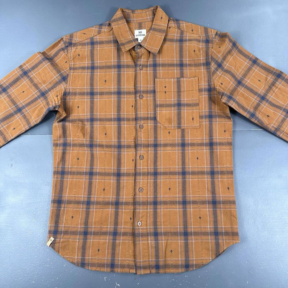 Tentree Shirt Men Small Burnt Orange Blue Check Plaid Button Ikat Hickory Stripe - Picture 2 of 7